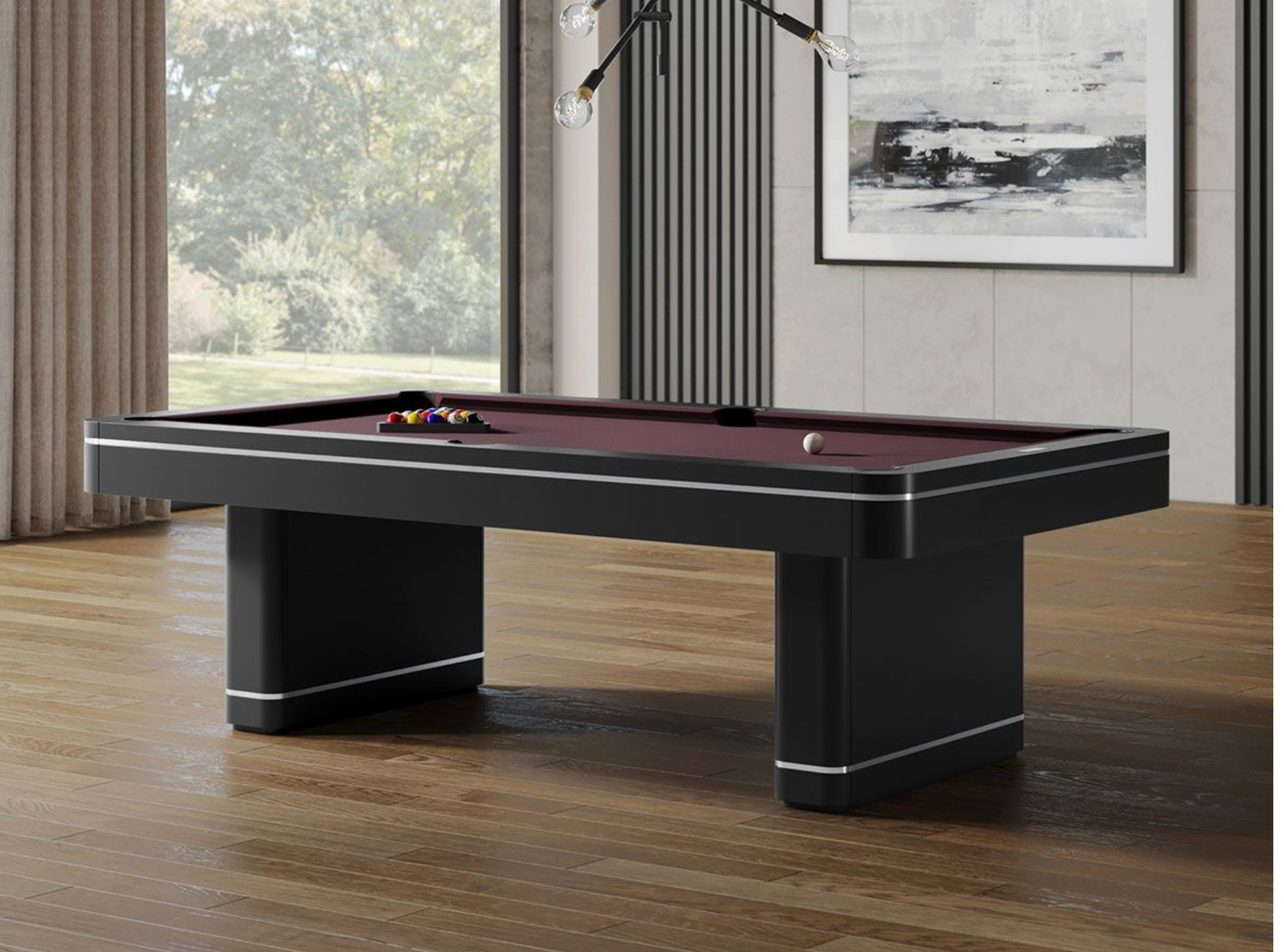 Contemporary pool table in a luxe room with chandelier