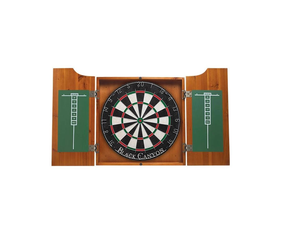 Honey stained wooden dart board cabinet