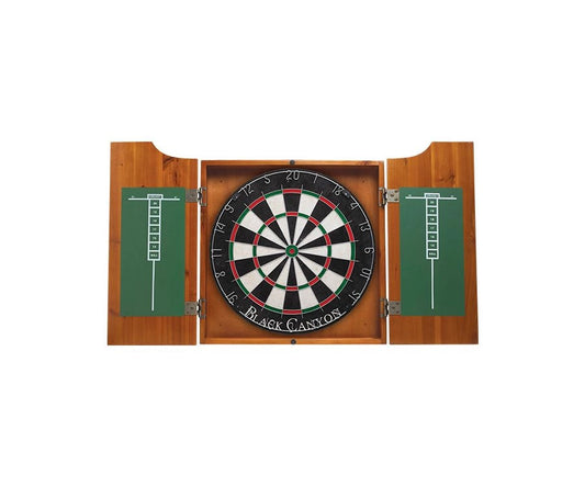 Honey stained wooden dart board cabinet