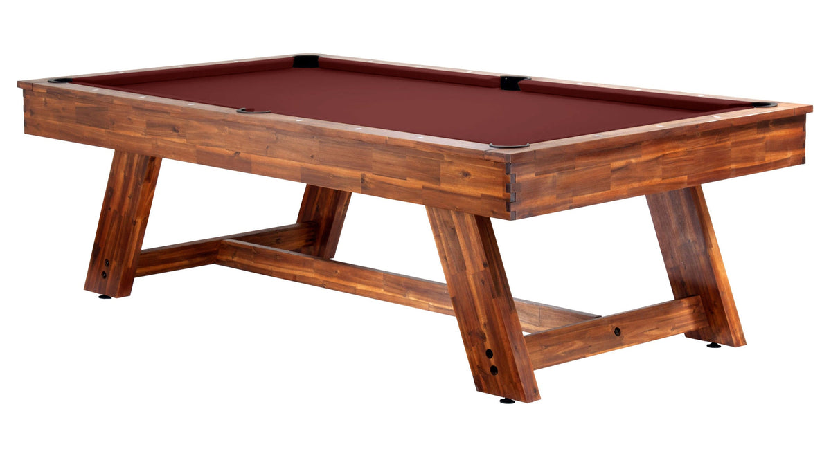 Legacy Barren Outdoor Pool Table in Natural Acacia with Burgundy outdoor cloth