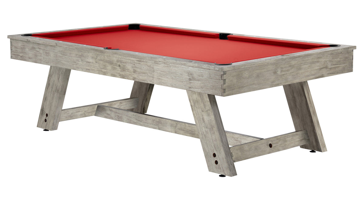 Legacy Barren Outdoor Pool Table in Ash Grey with Jockey Red outdoor cloth