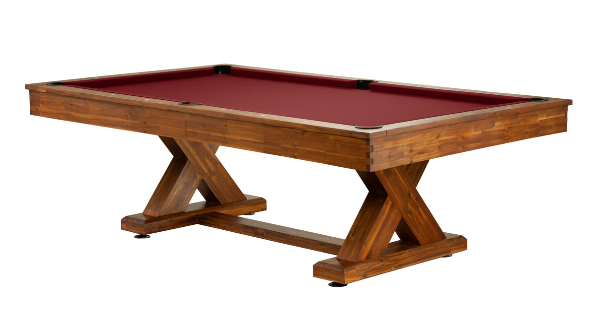 Legacy Cumberland Outdoor Pool Table in Natural Acacia with Burgundy outdoor cloth