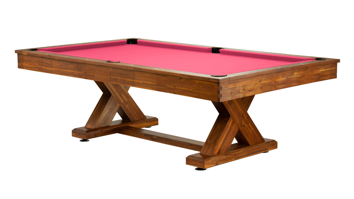 Legacy Cumberland Outdoor Pool Table in Natural Acacia with Hot Pink outdoor cloth