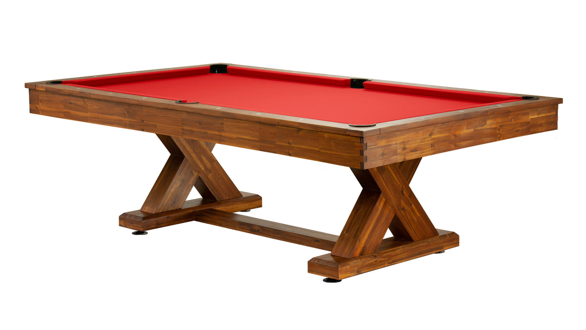 Legacy Cumberland Outdoor Pool Table in Natural Acacia with Jockey Red outdoor cloth
