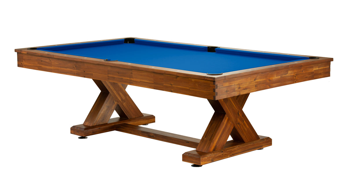 Legacy Cumberland Outdoor Pool Table in Natural Acacia with Royal Blue outdoor cloth