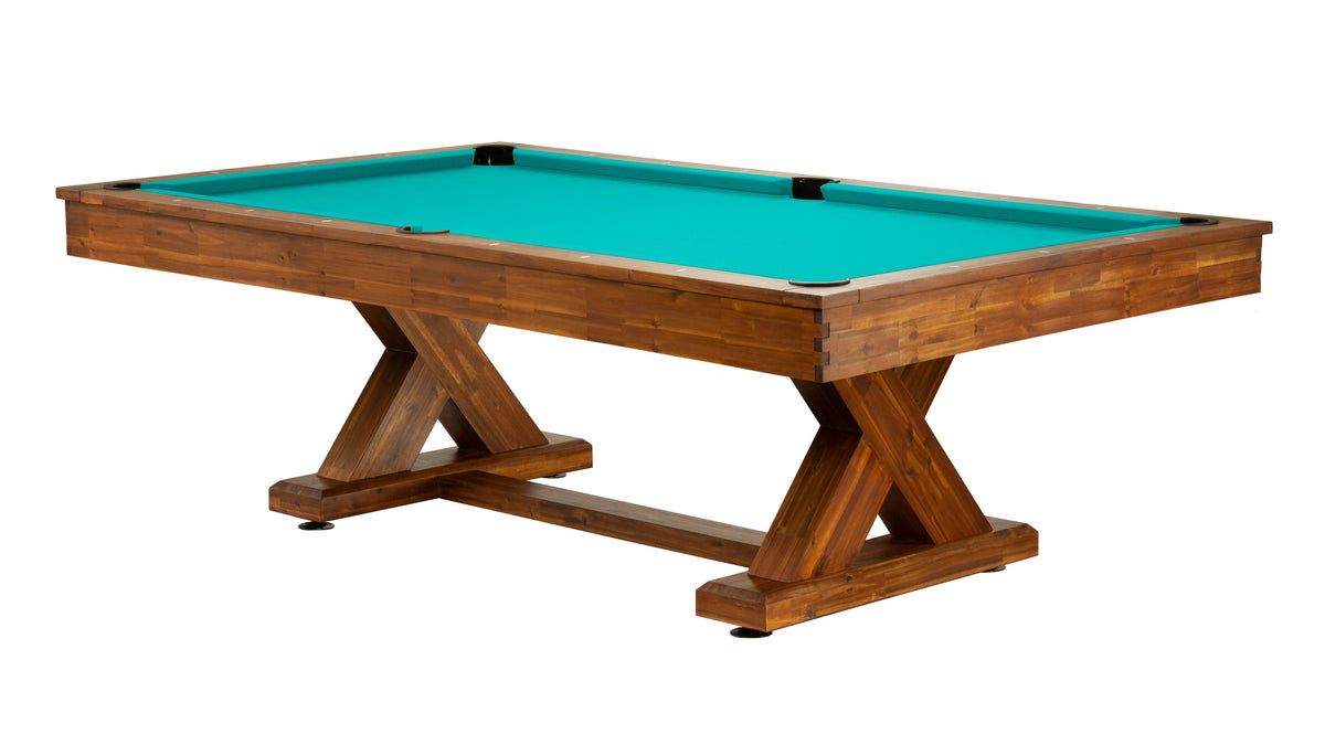 Legacy Cumberland Outdoor Pool Table in Natural Acacia with Pool Aqua outdoor cloth