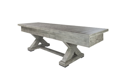 Legacy 9 ft outdoor shuffleboard dining top in Ash Grey on a Cumberland board