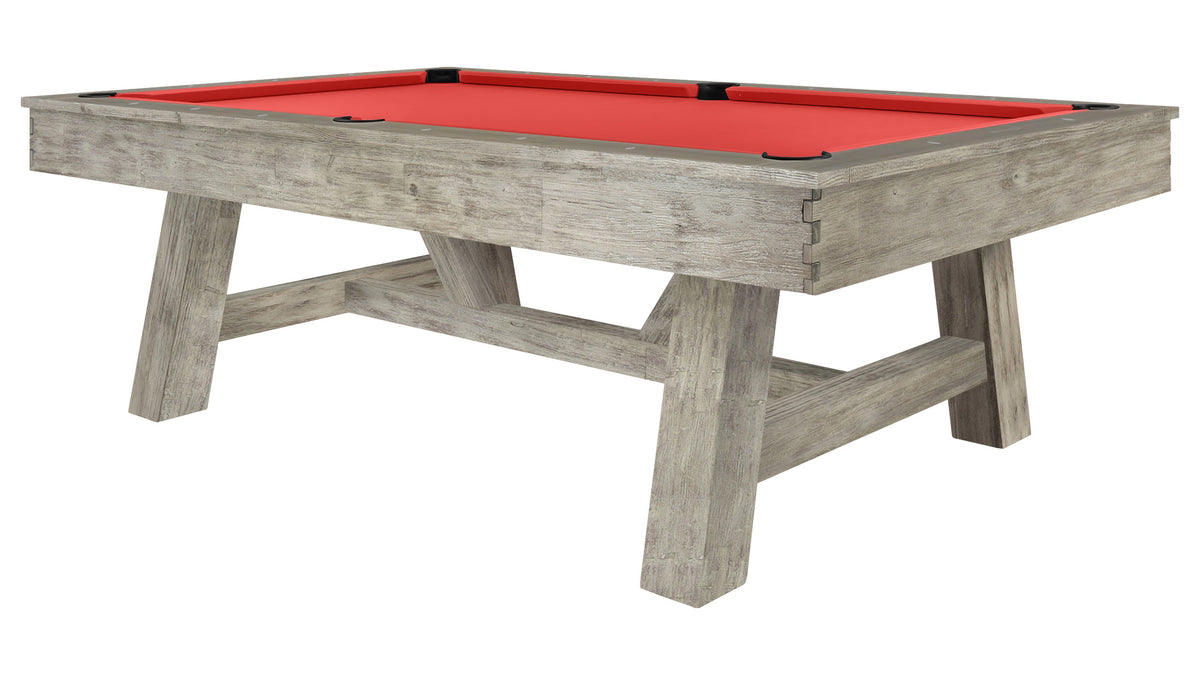 Legacy Emory Outdoor Pool Table in Ash Grey with Jockey Red outdoor cloth