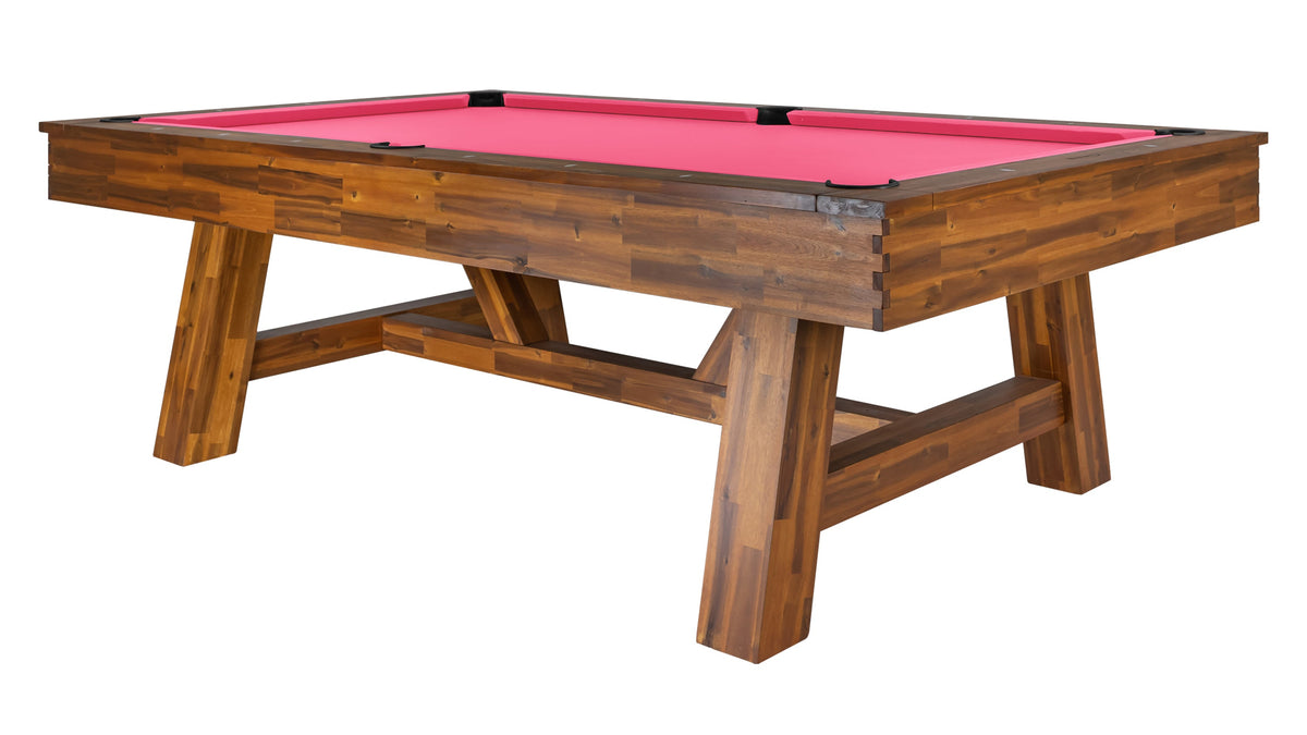 Legacy Emory Outdoor Pool Table in Natural Acacia with Hot Pink outdoor cloth