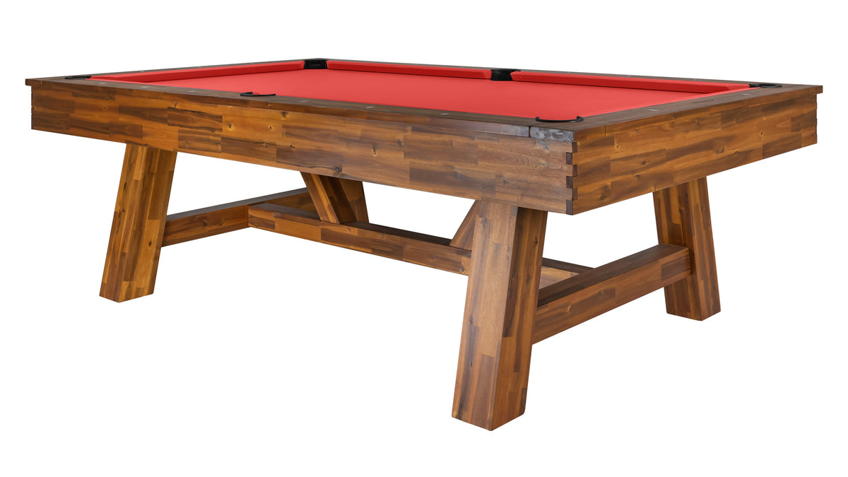 Legacy Emory Outdoor Pool Table in Natural Acacia with Jockey Red outdoor cloth