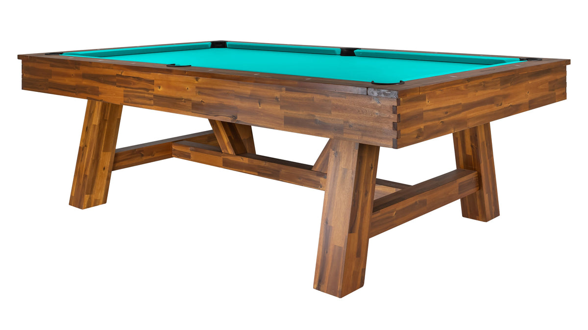 Legacy Emory Outdoor Pool Table in Natural Acacia with Pool Aqua outdoor cloth