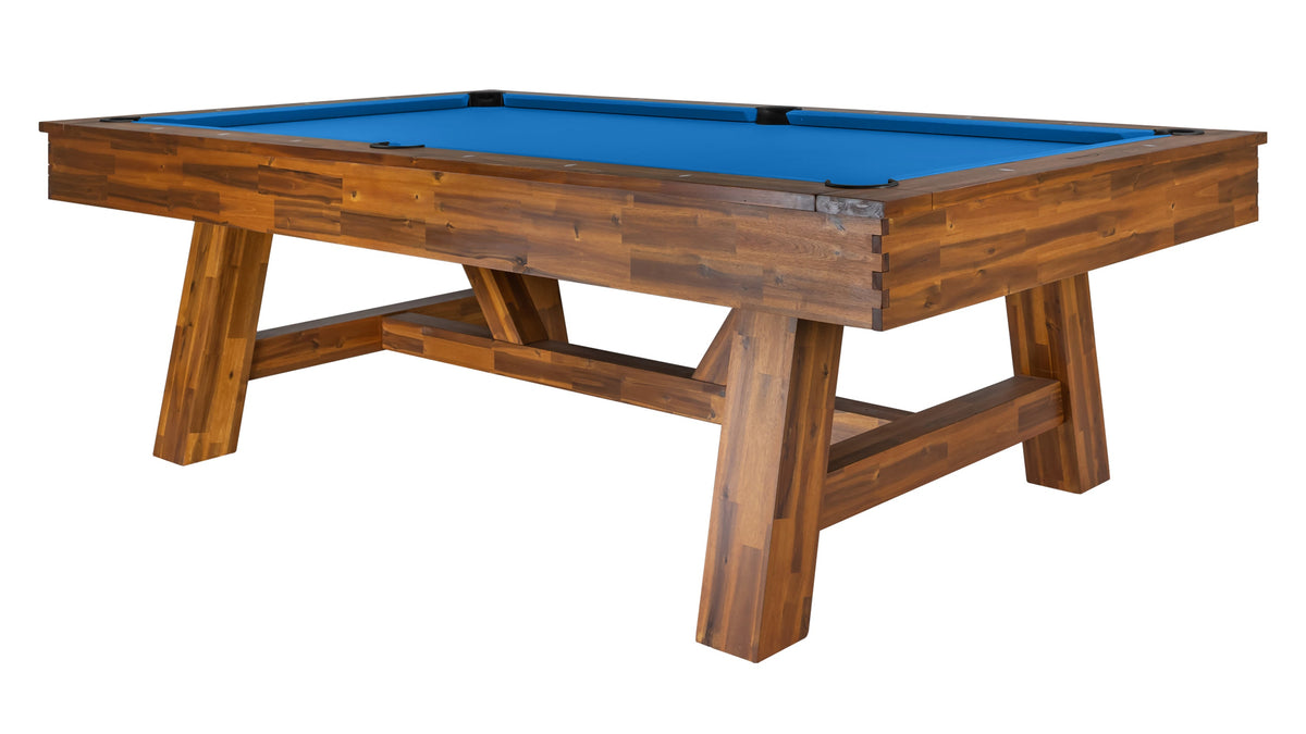 Legacy Emory Outdoor Pool Table in Natural Acacia with Royal Blue outdoor cloth