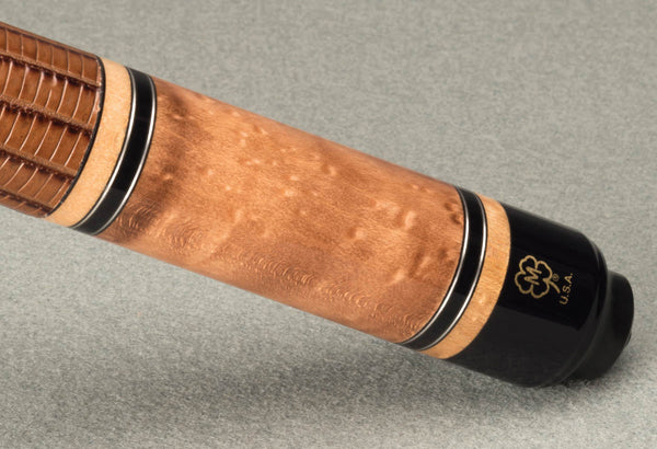 McDermott G327 cue forearm close-up, birdseye maple with embossed leather wrap