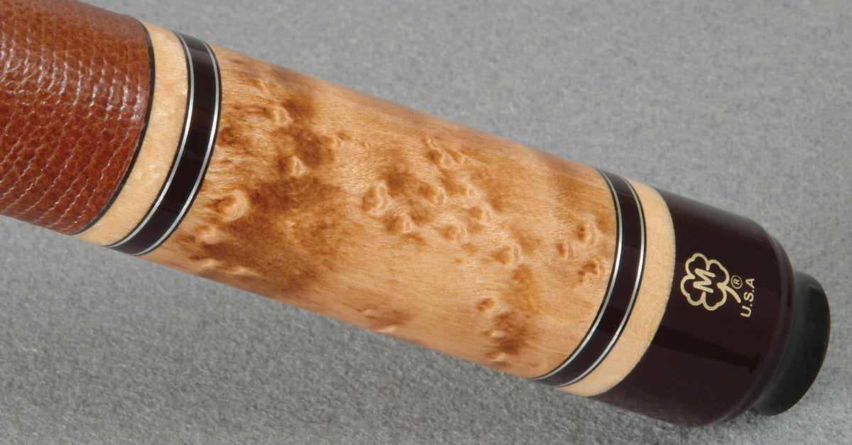 McDermott G327A-G03 pool cue butt closeup showing birdseye maple forearm and ring work