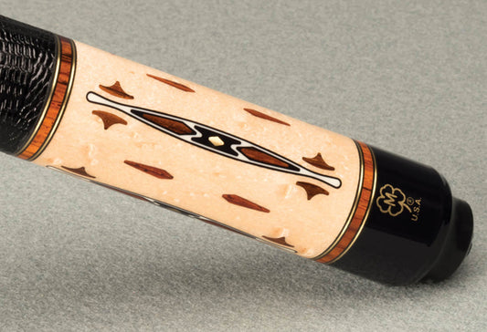 McDermott G707 cue forearm close-up, birdseye maple with orange and black points