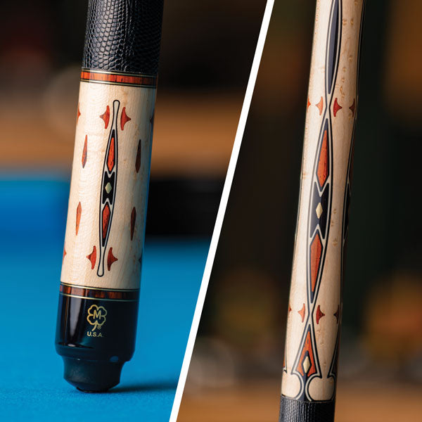 McDermott G707 cue butt and inlay detail on a pool table