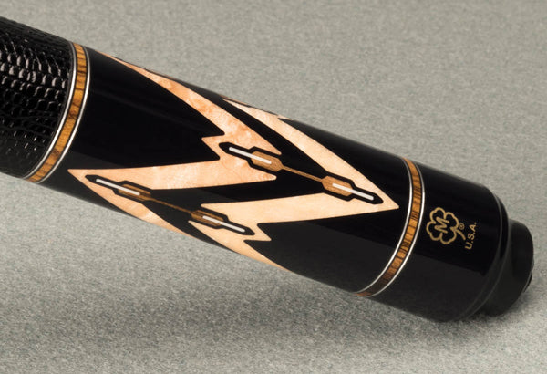 McDermott G805 cue forearm close-up, brown and black with cream feather inlay