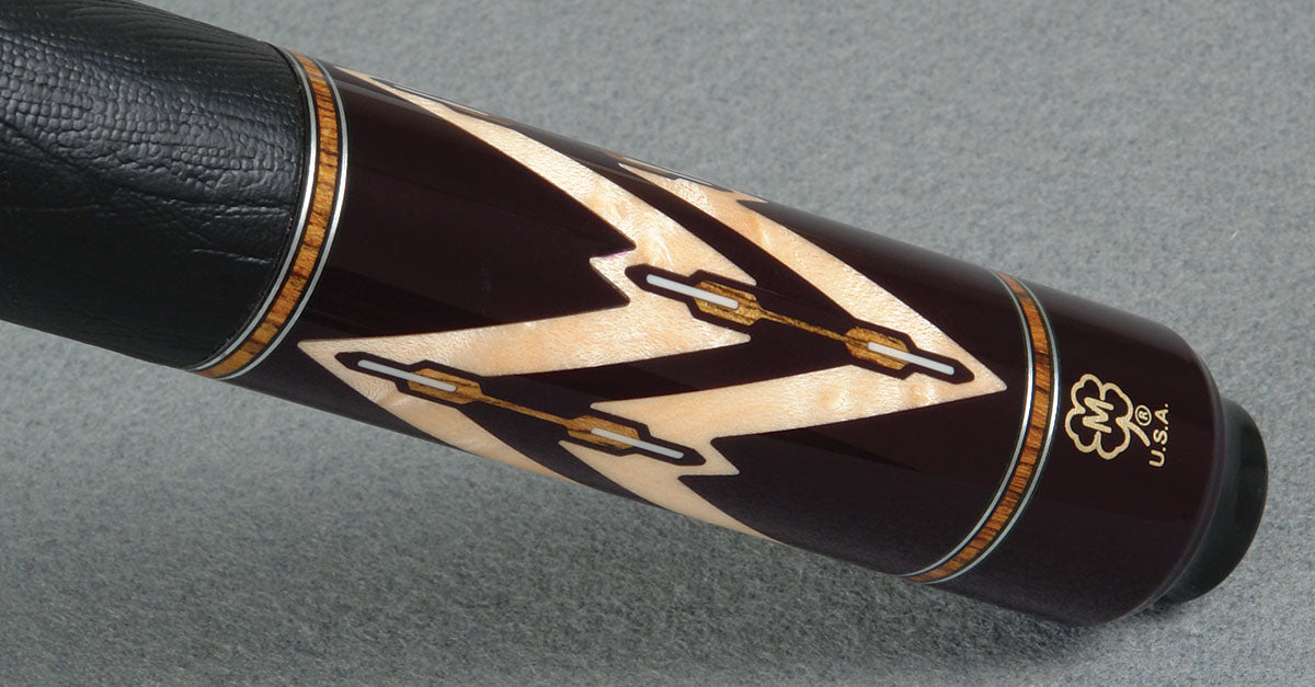 McDermott G805 cue feather inlay detail, wide crop