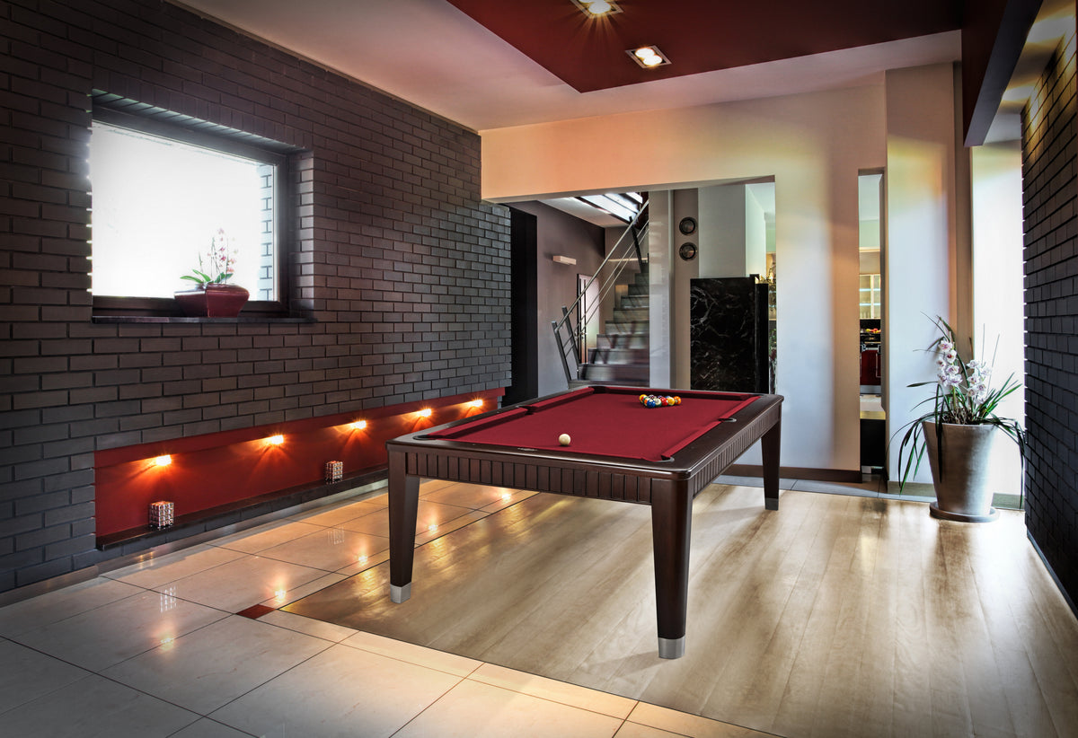 Brunswick Henderson pool table in Espresso with red cloth in a modern room