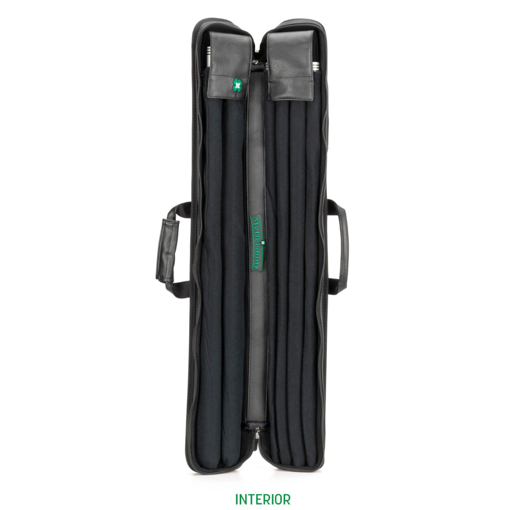 McDermott 2x4 soft cue case open showing padded interior sleeves