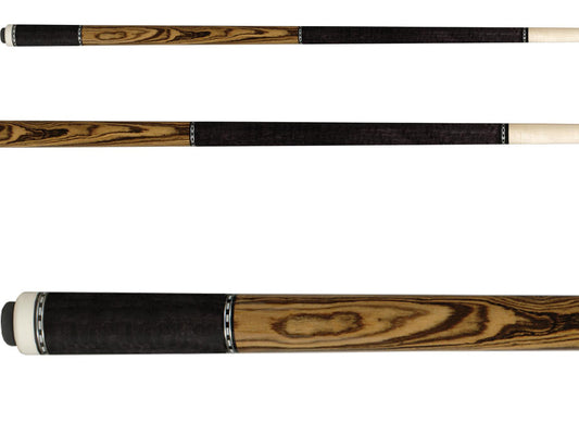 Pechauer P05-R Pro Series cue, three views with bocote handle and figured maple forearm