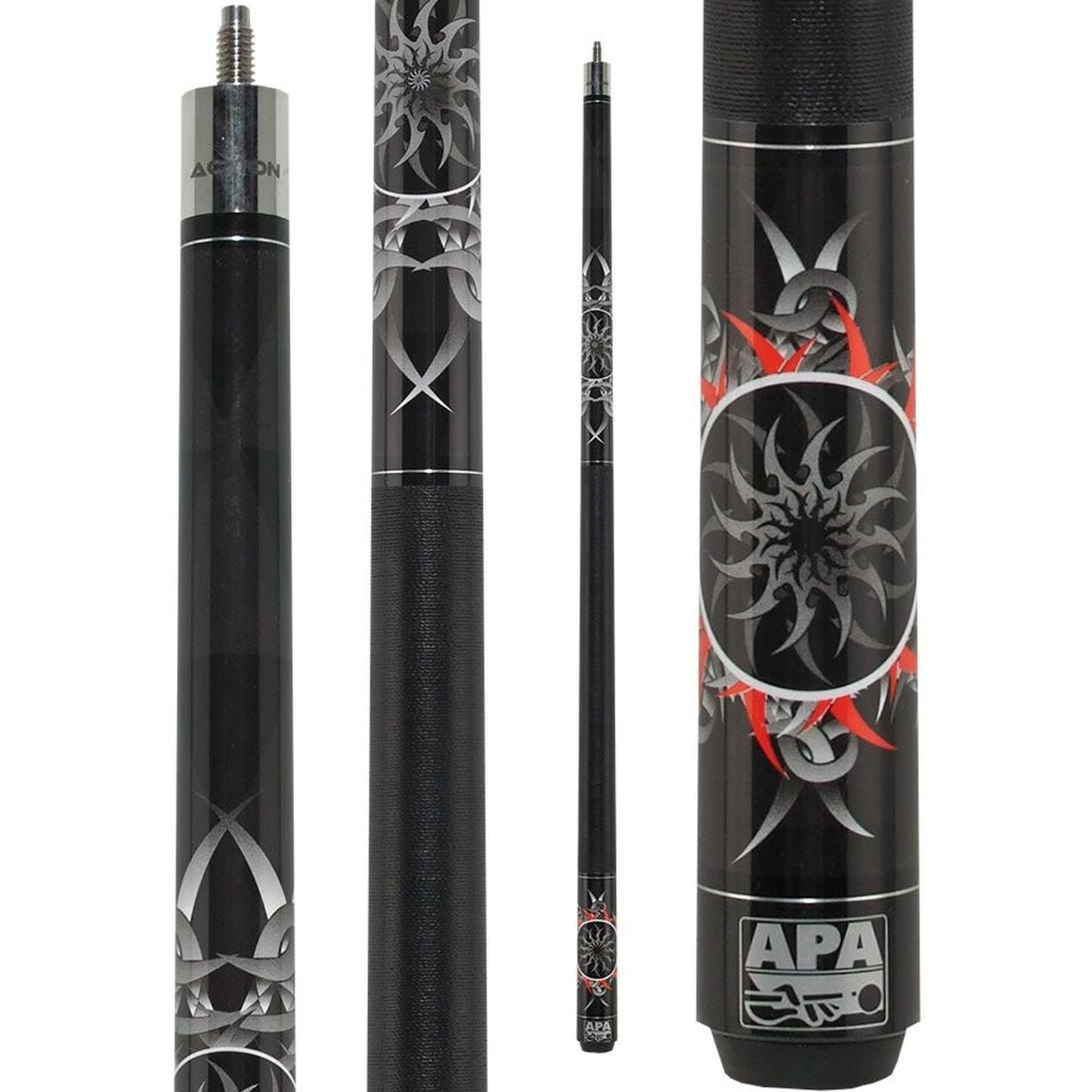 APA Tribal Burst cue - joint, forearm, full cue, and butt detail