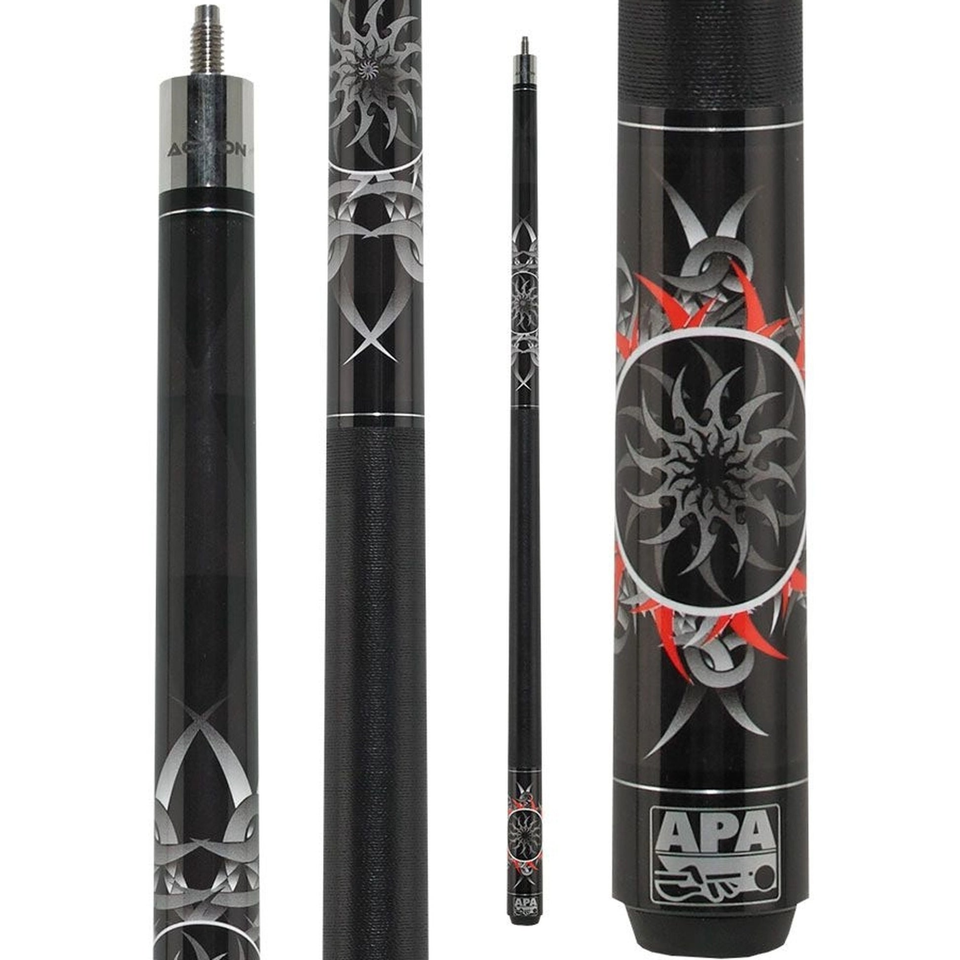 APA Tribal Burst cue - joint, forearm, full cue, and butt detail