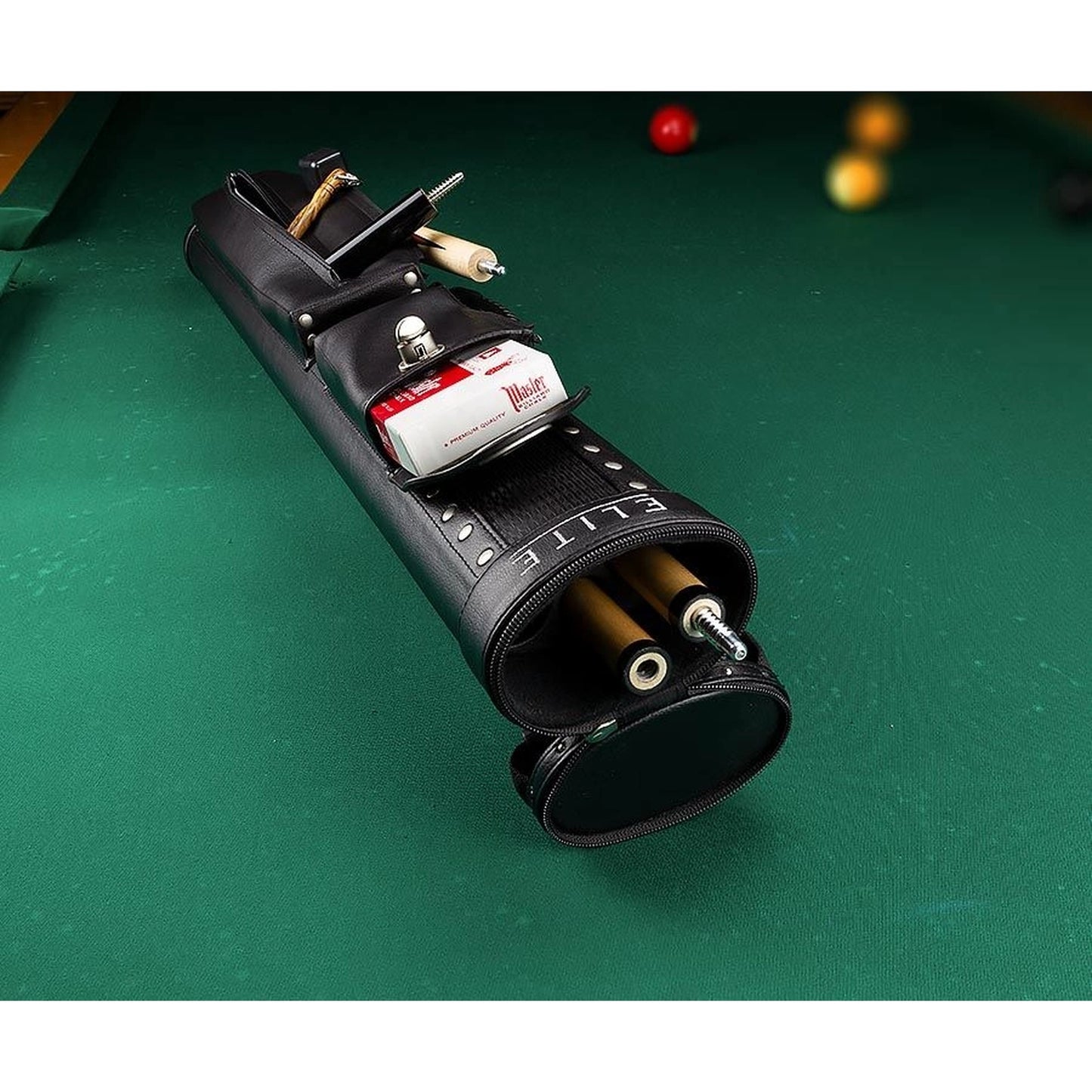 Elite ECP22 cue case open accessory pocket holding billiard chalk
