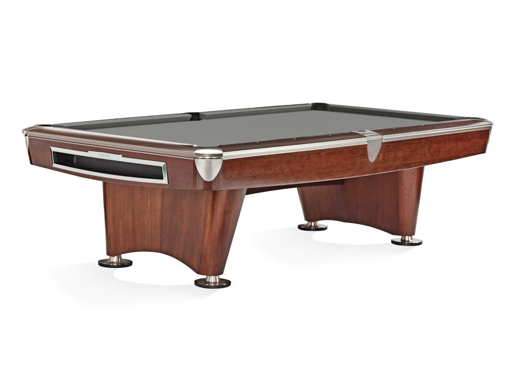 Brunswick Gold Crown VI 9 ft pool table in Mahogany with steel gray cloth