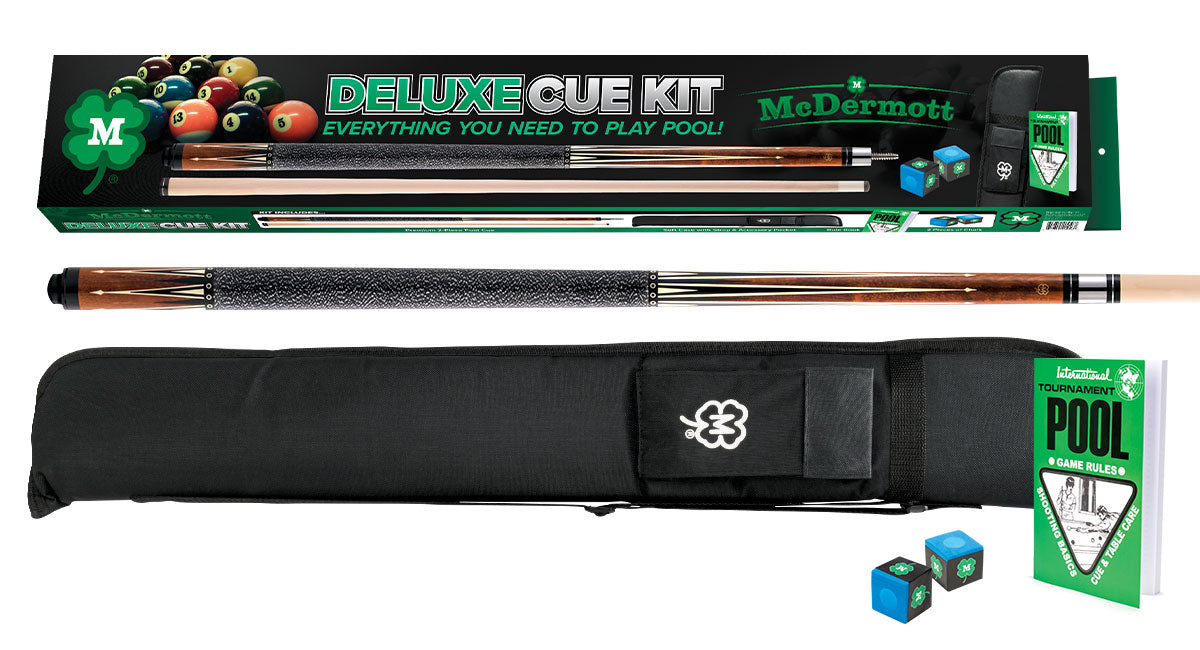 McDermott Deluxe Cue Kit retail box with cue, soft case and accessories