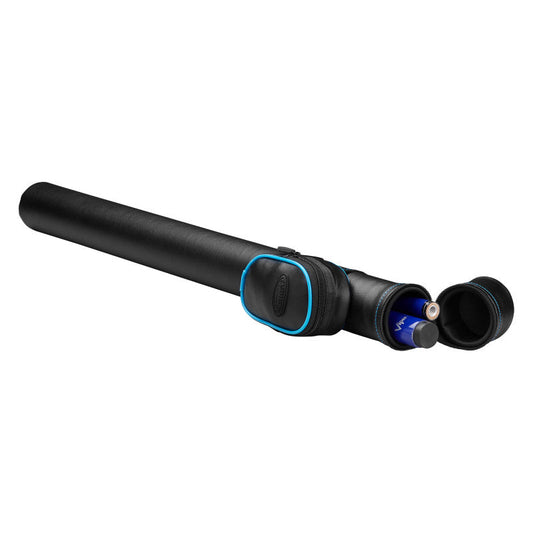 Casemaster Q-Vault Supreme cue case in black with blue trim, open end caps