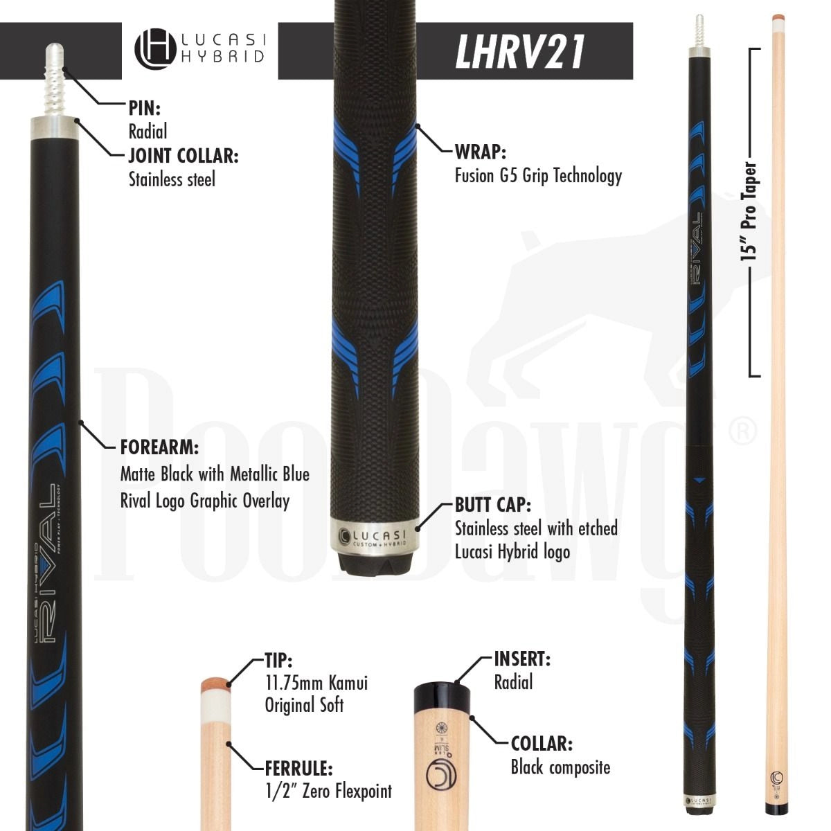 Lucasi Hybrid LHRV21 Pool Cue - Black and Metallic Blue