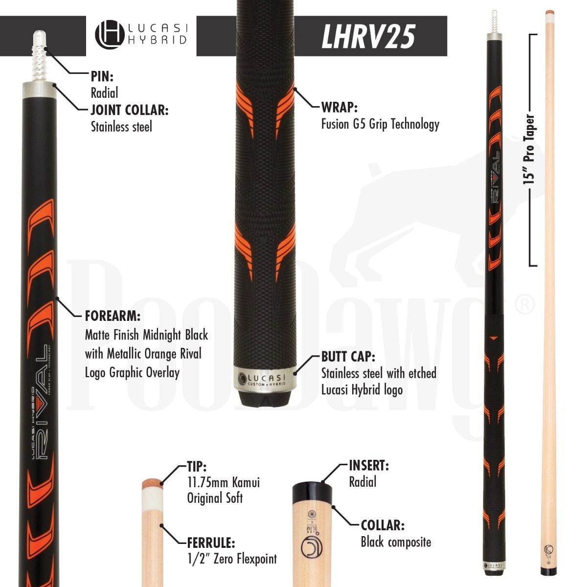 Lucasi Hybrid LHRV25 Pool Cue - Black and Metallic Orange