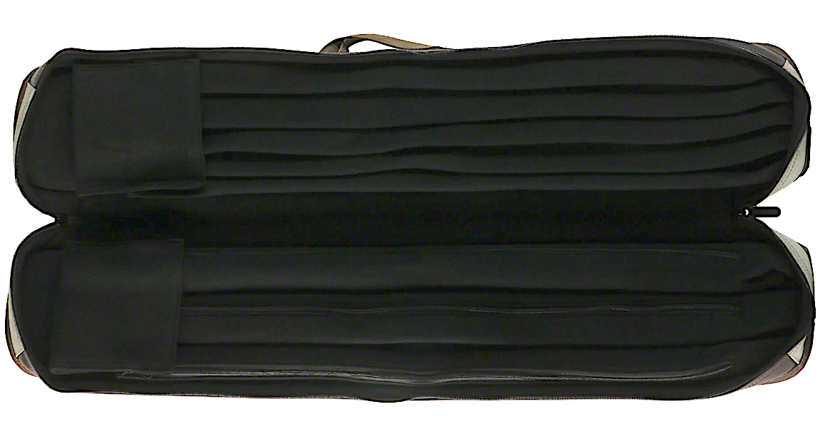 Lucasi Duo 3x5 soft cue case opened flat showing padded interior