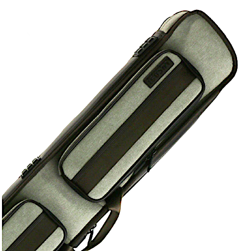 Lucasi Duo 3x5 cue case end cap and logo plate close-up