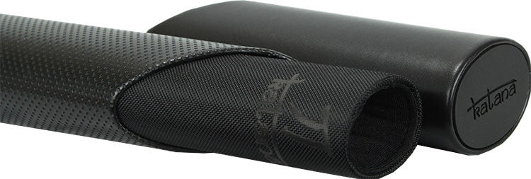 Katana KATC01 cue case open end showing interior tube and embossed Katana logo cap