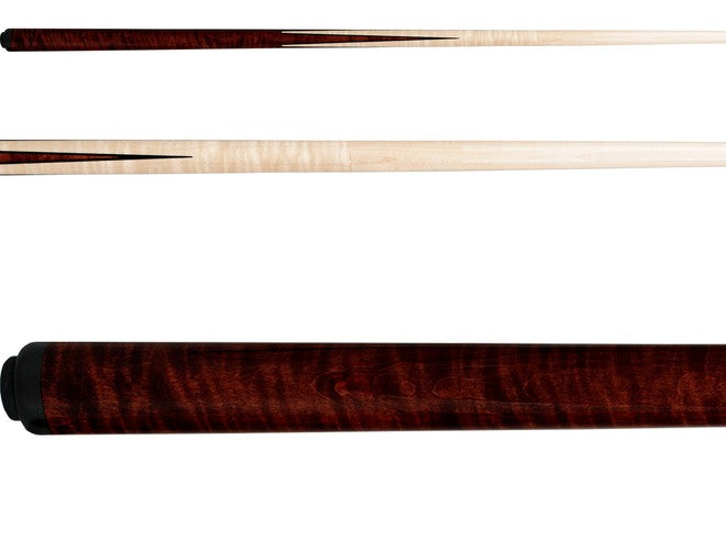 Pechauer Pro-H cue, three views showing curly maple handle and rosewood points
