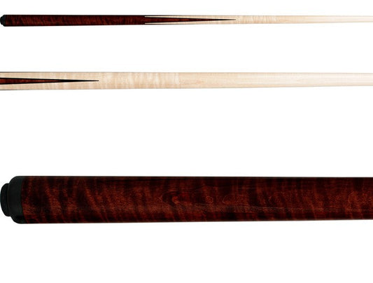 Pechauer Pro-H cue, three views showing curly maple handle and rosewood points