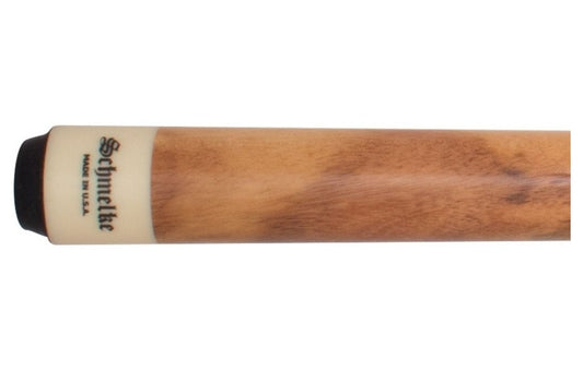 Schmelke M051 goncalo alves pool cue butt cap closeup with Schmelke Made in USA stamp