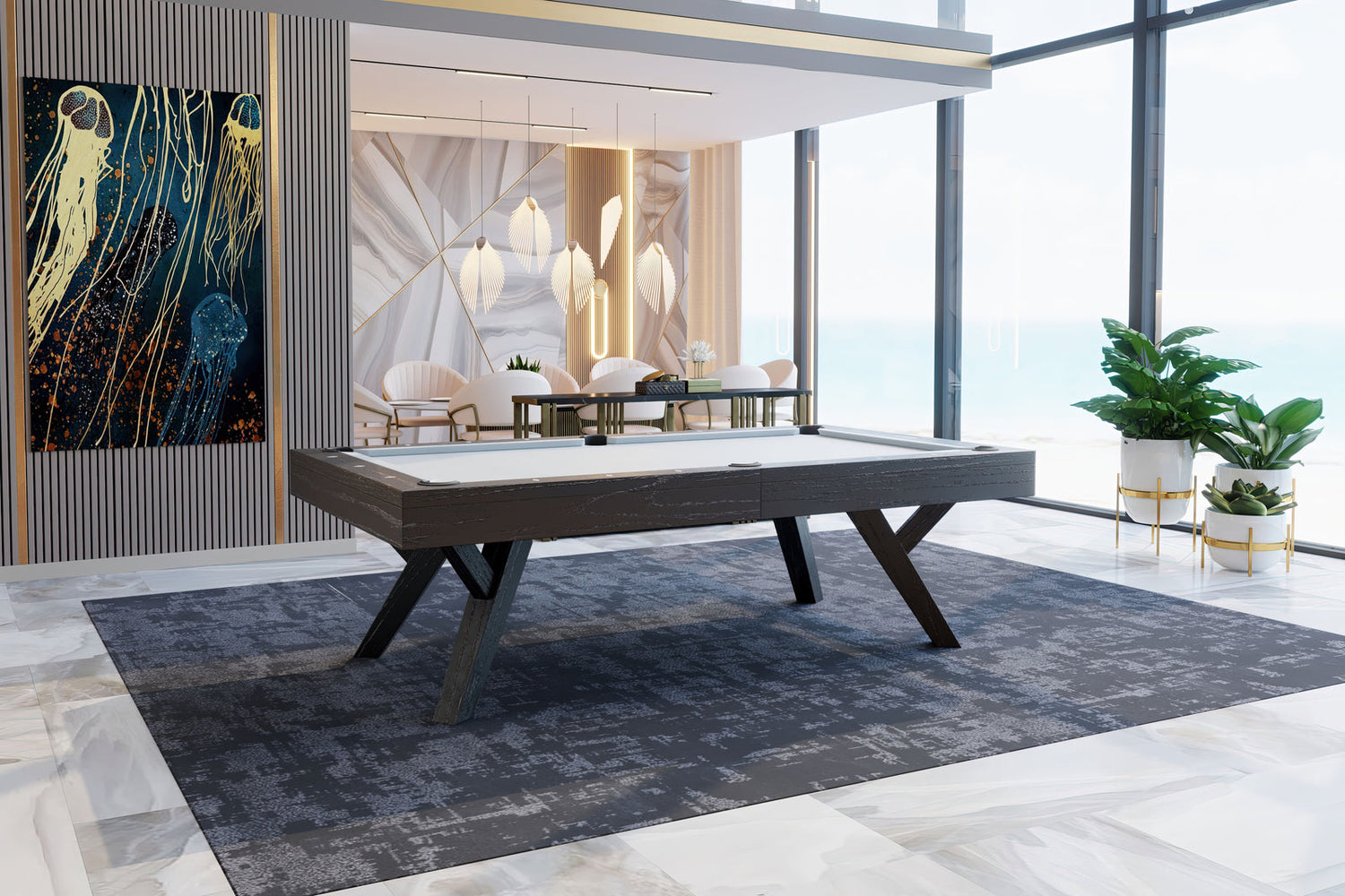Presidential Tyler Onyx pool table in a luxury room with windows
