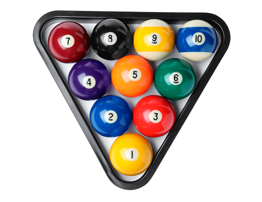 Billard Balls Cue And Billiard Triangle In A Pool Table Stock